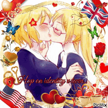 a picture of two girls kissing with the words " hop on identity strain " in the corner