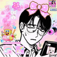 a cartoon of a boy with a pink bow on his head looking at his phone