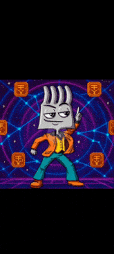 a cartoon character with a fork on his head is standing in front of a neon background