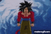 a cartoon character is standing in front of a blue background in a red shirt .