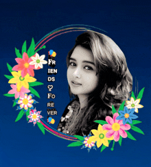 a black and white photo of a woman surrounded by flowers with the words fr ien ds fo re ver on the bottom