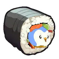 a pixel art drawing of a sushi roll with a penguin in it