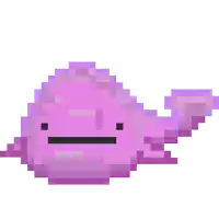 a pixel art illustration of a purple whale with a black nose and mouth .