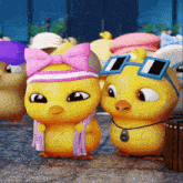 a cartoon chicken wearing sunglasses and a pink bow on its head