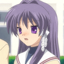 a girl with purple hair is wearing a white shirt