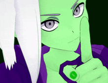 a cartoon character with green hair and a green ring on her finger