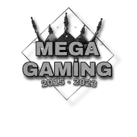 a logo for mega gaming 2015-2023 with a crown on top