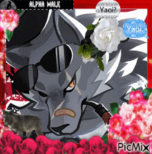 a picture of a wolf wearing sunglasses and flowers with the caption " alpha male "