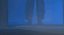a person is standing in a dark room with a shadow of a person behind them .