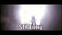 a person standing in a dark room with the words str entry written on it