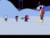 a cartoon character with a tv head is standing in the snow with three other characters