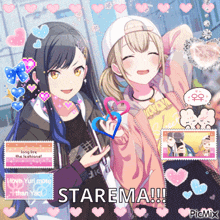 two anime girls are posing for a picture with the words starema written on the bottom