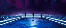 a group of people standing on a stage with a crowd behind them