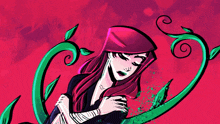 a drawing of a woman with a red hood and green vines