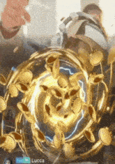 a person wearing headphones is surrounded by gold coins with the name lucca on the bottom