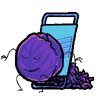 a purple object with arms and legs is standing next to a grater
