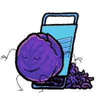 a purple object with arms and legs is standing next to a grater