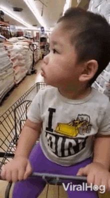 a baby is sitting in a shopping cart in a supermarket .