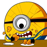 a cartoon drawing of a yellow minion eating something