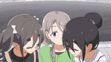 three anime girls are standing next to each other with a watermark on the bottom right corner of the image