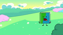 a cartoon book with a face is standing in a field