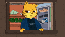 a cartoon cat wearing a blue kimono is looking out a window