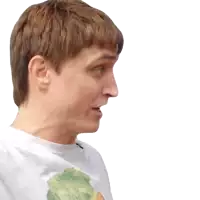 a man wearing a white t-shirt with a picture of a leaf on it