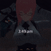 a picture of a girl with pink hair and glasses with the time 5:30 am