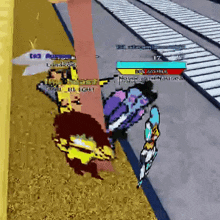 a screenshot of a video game shows a purple character with a sword and a yellow character with a sword