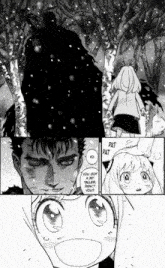 a black and white drawing of a man and a girl with pat pat on the bottom right
