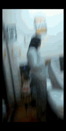a blurred image of a person in a bathroom with a box of ritz crackers on their head