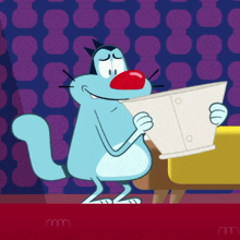 a cartoon cat with a red nose reading a newspaper
