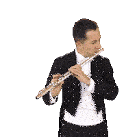 a man in a suit is playing a flute on a white background