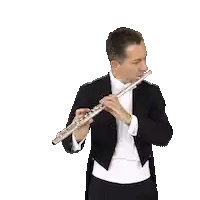 a man in a suit is playing a flute on a white background