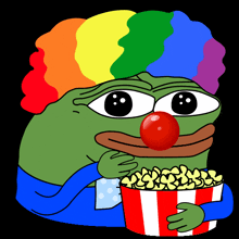 a cartoon of a green frog wearing a clown costume eating popcorn