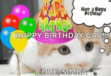 a cat wearing a birthday hat and balloons says happy birthday gav !!!