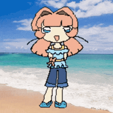 a pixel art drawing of a girl on the beach