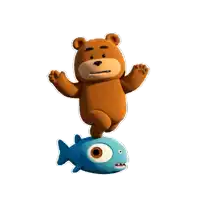 a teddy bear standing on top of a blue fish on a white background