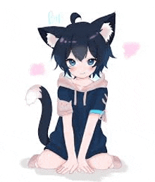 a girl with cat ears and a tail is kneeling down on the floor .