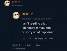 a screenshot of a conversation between jzeev and someone named i ain 't reading allat