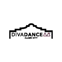 the logo for divadance alamo city is a black and white logo with a pink triangle .