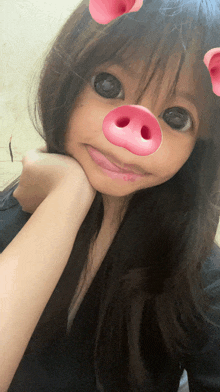 a girl with pig noses on her face is smiling