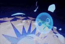 a cartoon character is flying through the air in a blue bubble .