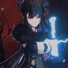 a girl in a black and white outfit is holding a sword