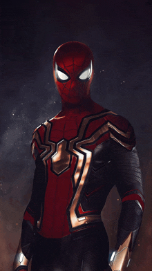 a spider man in a red and black suit