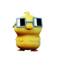 a yellow duck wearing blue square sunglasses stands on a white background