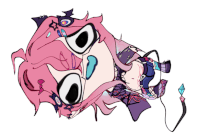 a cartoon drawing of a girl with pink hair and purple clothes