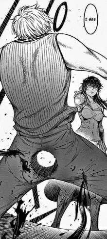 a black and white drawing of a man and a woman fighting each other .
