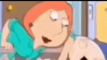 a close up of a cartoon character laying on a bed with a blue blanket .