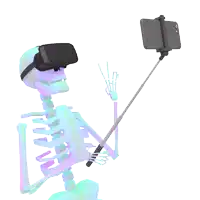 a skeleton wearing a virtual reality headset taking a selfie